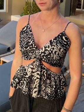 Zara Black & White Floral Cutout Peplum Cami
